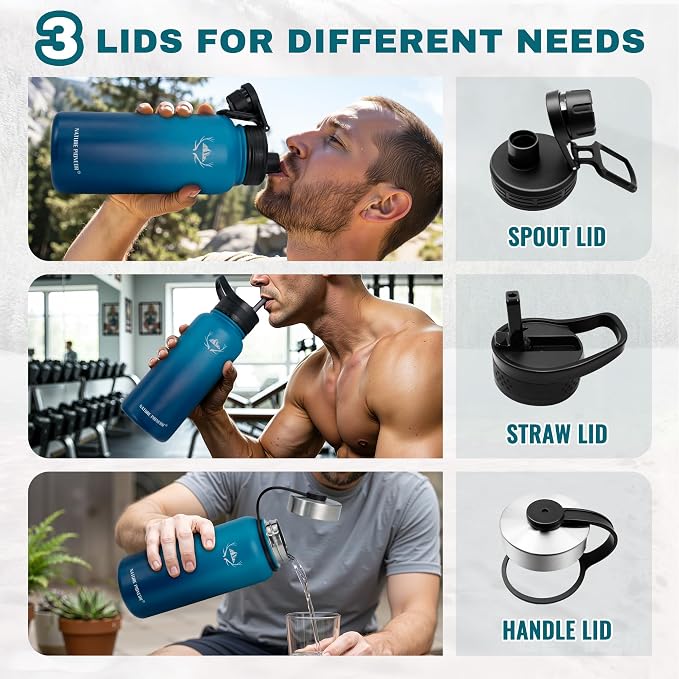 NATURE PIONEOR 32 oz Insulated Water Bottle with Carrier Bag & 3 Lids | 18/8 Food-grade Stainless Steel, Double Vacuum Insulation, 3 Leak-proof Lids, Strap, Camping, Hiking, Gym, Work - Image 5