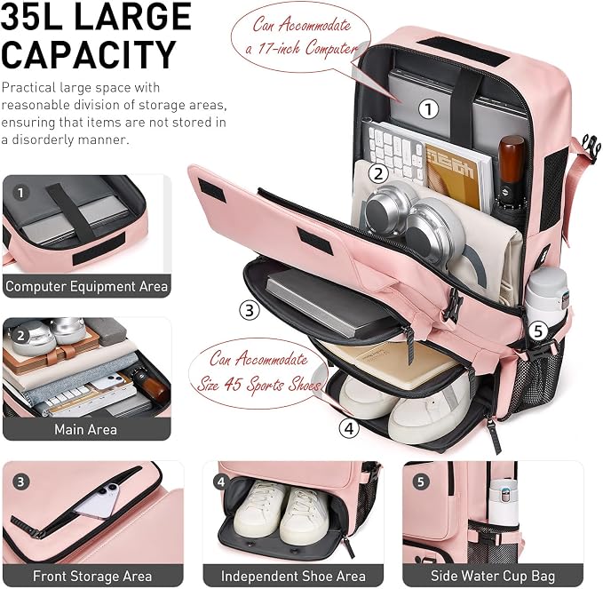Backpack for Traveling On Airplane,Expandable Carry On Laptop Backpack for Men and Women,Outdoor Travel Bag,Pink - Image 2