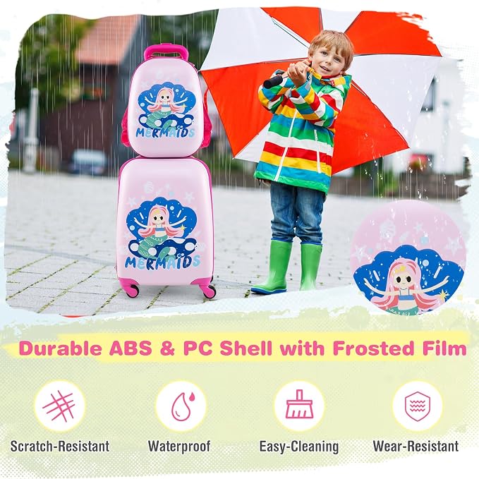 HONEY JOY Kids Luggage, 12" Toddler Backpack & 16" Travel Suitcase with Wheels, Lightweight Toddler Girls Suitcase, Durable ABS Hardshell, 2Pcs Carry On Luggage Set for Boys Girls(Mermaid) - Image 8