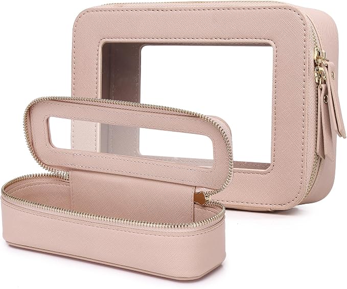 Pinkmik Travel Clear Makeup Bag with Brush Case TSA Approved Toiletry Bag Waterproof Cosmetic Organizer with Zipper Car Essential for Women (Pink, M+SLIM) by Pinkmik