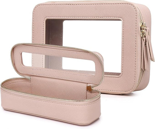 Pinkmik Travel Clear Makeup Bag with Brush Case TSA Approved Toiletry Bag Waterproof Cosmetic Organizer with Zipper Car Essential for Women (Pink, M+SLIM) by Pinkmik