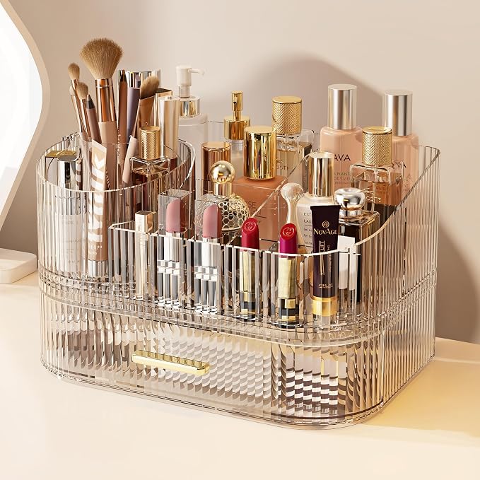 Makeup Organizer with 360° Rotating Brush Holder and Stackable Drawers, Cosmetic Display Case for Vanity, Bathroom Countertop (Clear, 2 Layer) by Unknown
