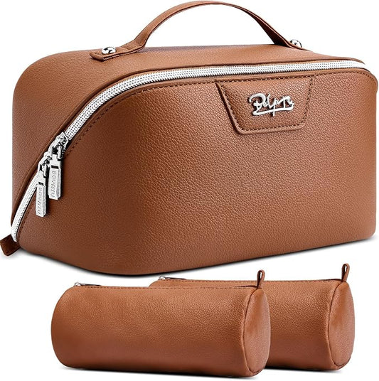 BOYATU Travel Makeup Bag Cosmetic Bags for Women: Large Capacity 3 Pcs Set Make up Bag with Compartments - Waterproof Vegan Leather Toiletry Organizer Bags with Handle (L25Brown) by BOYATU
