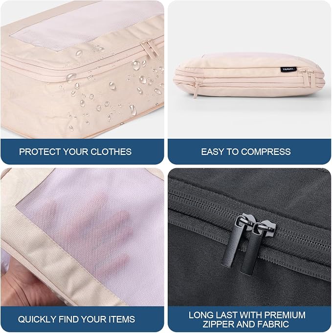 Compression Packing Cubes - Travel Organizer Bags for Suitcases and Luggage, Eco-Friendly Fabric (5-Pack) (Beige) - Image 6
