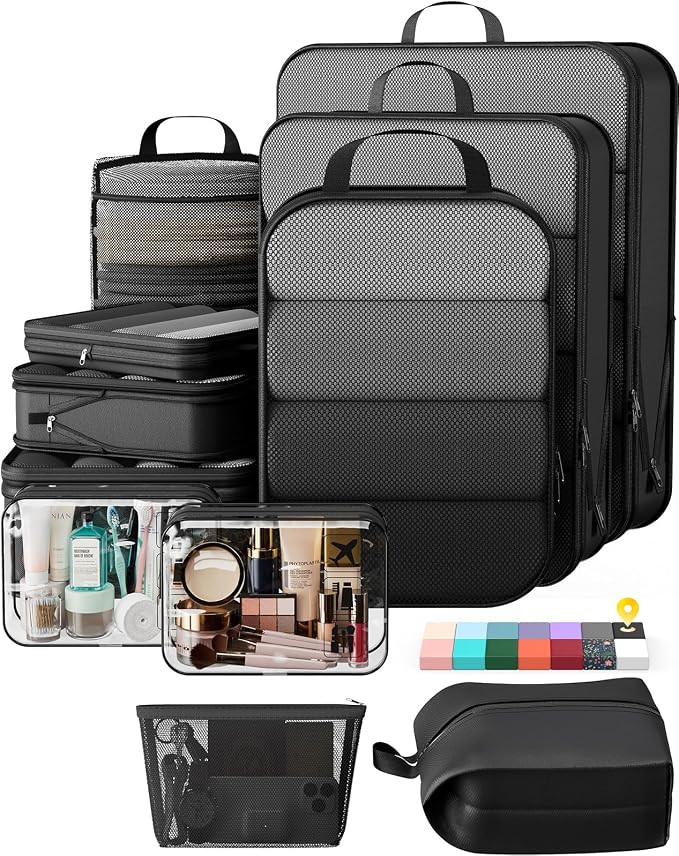 Veken 11 Set Compression Packing Cubes Garment Bags for Travel Essentials,Compressible Expandable Luggage Organizer Bags for Clothing,Space Saver Bags with Over 1000 pcs of Mesh Holes(Black) by Veken