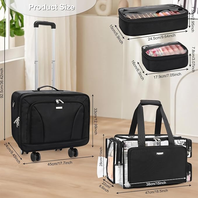 MONSTINA Rolling Makeup Train Caseon Wheels, Clear Makeup Bag Extra Large Makeup Artist Kit Set Cosmetology Case Professional Cosmetics Hairstylist Cosmetic Bag with 4 Bags (Black+Clear Makeup bag) - Image 5