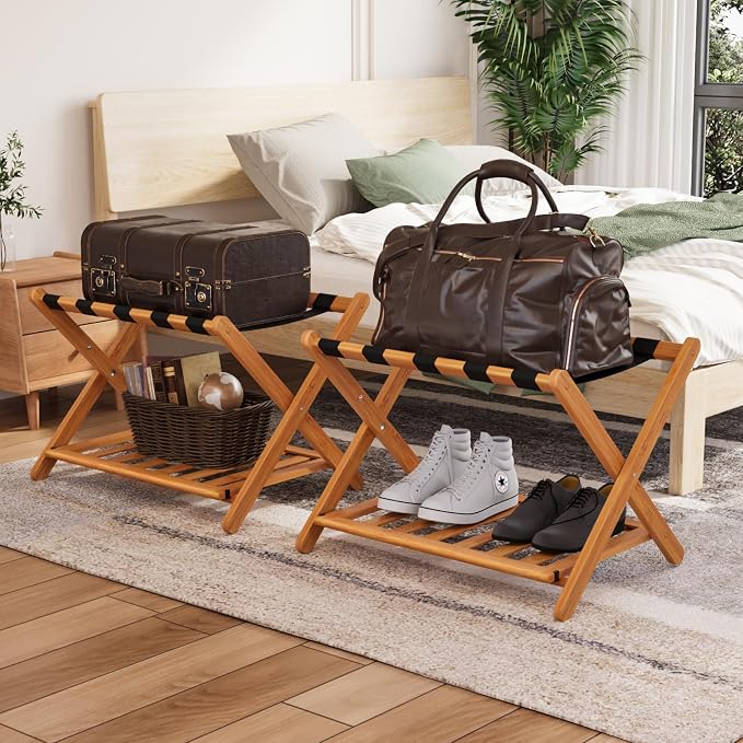 Smuxee Fully Assembled Honey Luggage Racks Pack of 2, Upgraded Bamboo Foldable Suitcase Stand with 5 Nylon Straps, Luggage Holder with Shelf for Guest Room Bedroom Hotel - Image 7