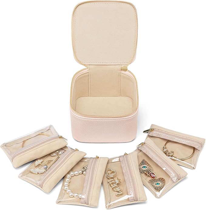 Vlando Travel Jewelry Case,Jewelry Organizer with 6 zipper velvet Jewelry bags for Women Girl,Wedding Birthday Gift Ideas for Women Earrings Rings Storage Gift Box Packaging Pink by VLANDO
