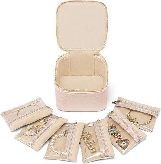 Vlando Travel Jewelry Case,Jewelry Organizer with 6 zipper velvet Jewelry bags for Women Girl,Wedding Birthday Gift Ideas for Women Earrings Rings Storage Gift Box Packaging Pink by VLANDO