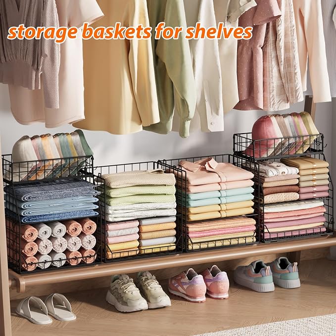 Jakyitvi 5-Tier Stackable Closet Organizers and Storage with Small Basket for Hats,Closet Storage Basket with Adjustable Dividers and 4 hooks,Clothes Shelf Bins for Closet Organizer System,Black - Image 7