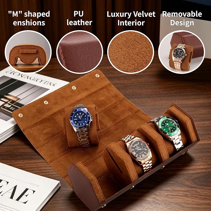 Luxury Hexagonal Leather Watch Roll for 3 Watches, Men's Gift | Multiple Watch Capacity,Premium Hexagon Leather,Velvet M-Shaped Cushions,Secure Snap Closure,Storage Organizer - Image 5