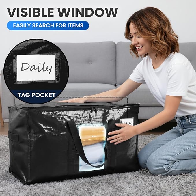 TAILI Extra Large Moving Bags, 8 Pack Black Heavy Duty Totes For Storage with Visible Window, Wrap Around Handles, Storage Bags for Space Saving, Alternative to Moving Boxes - Image 5