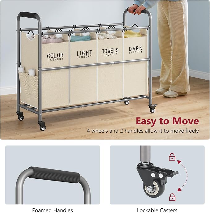Tajsoon 4 Bag Laundry Sorter Cart, Laundry Sorter 4 Sections, Beige | Laundry Hamper Sorter with Heavy Duty Lockable Wheels, Laundry Separator with Removable Bags, Bedroom, Laundry Room, Bathroom - Image 5