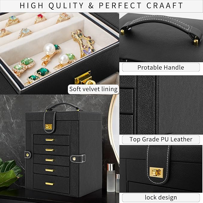 AKOZLIN 6-Tier Jewelry Box Organizer Functional 5 Drawers Leather Jewelry Storage Case for Women Girls Ring Necklace Earring Bracelet Holder Organizer with Mirror Black Regular - Image 3