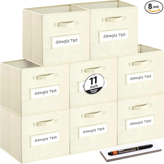 Fabric storage cubes (Set of 8) 11 Inch Cube Storage Bin, Cube storage with 8 Labels Window Cards & a Pen, Foldable cube organizer bins,11x11 Storage bin, Cubby Organizer Boxes, Beige by Artsdi
