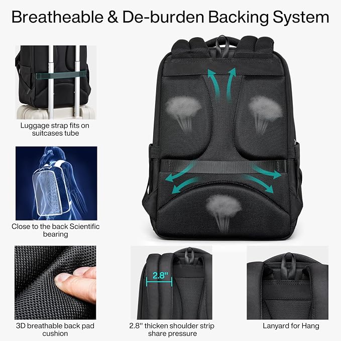 Hanke Expandable Travel Backpack 17 Inch, Full-Open Laptop Backpack, Black | Fits 15.6 Inch Laptop, Water-Resistant, Carry On Personal Item Bag, 20L-25L, Trolley Sleeve, Business Work Bag for Women Men - Image 3