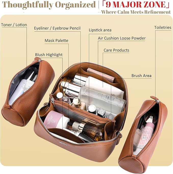 BOYATU Genuine Leather Travel Makeup Bag: Large Capacity 3 Pcs Set Cosmetic Bags for Women - Designer Waterproof Hand-made for Toiletry Organizer - Ladies Travel Essentials for Elegance (01Brown) - Image 5
