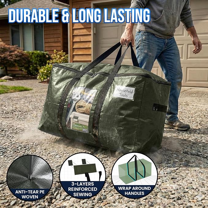 TAILI 12 Pack Green Extra Large Storage Bags, Heavy Duty Totes with Visible Window, Wrap Around Handles, Perfect for Moving and Storage - Image 3