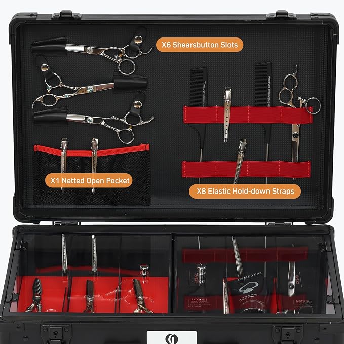 Large Barber Case Organizer, Professional Barber Briefcase with 6 Clipper Slots & 8 Shear Holders, Sliding Tray, 20" Aluminum Barber Carrying Tool Case for Clippers, Scissors, Trimmers & Supplies - Image 8