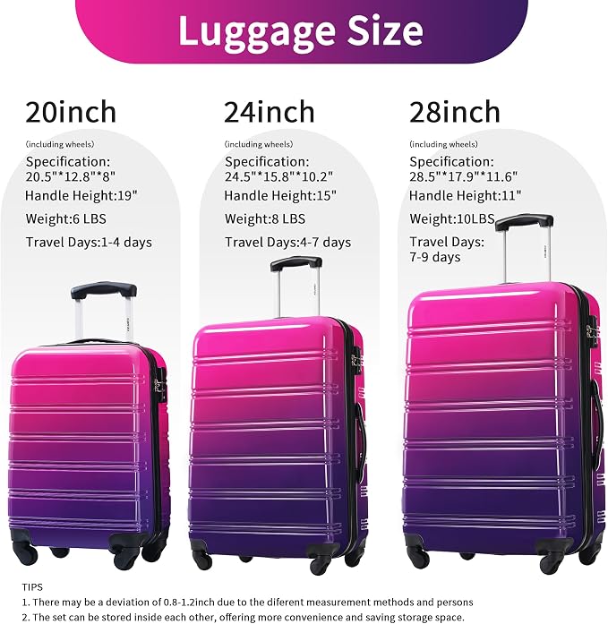 Merax Luggage Sets 3 Piece, Hardside Suitcase Set with Spinner Wheels | Lightweight Expandable Gradient Color Luggage 20+24+28 IN,Purple and Pink - Image 2