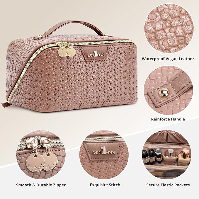 Travel Makeup Bag for Women: Designer 3 Pcs Set Cosmetic Bags for Women - Large Capacity Vagen Leather Hand-made for Toiletry Organizer - Ladies Travel Flat Open Essentials for Luxury (10Brown) - Image 4