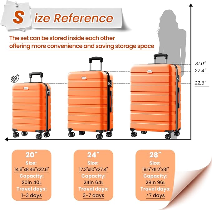 AnyZip Luggage Sets 3 Piece Hardshell Suitcase Set PC ABS Lightweight Travel Suitcases with 4 Double Spinner Wheels TSA Lock 20 24 28 Inch Orange - Image 3