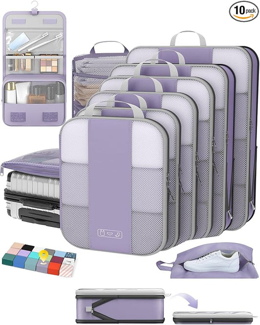 OlarHike 10 Set Compression Packing Cubes for Travel Essentials,Compressible Expandable Space Saver Bags for Organizing Clothes,Luggage Suitcase Garment Bags with Over 1000 pcs Mesh Holes(Purple Gray) by OlarHike