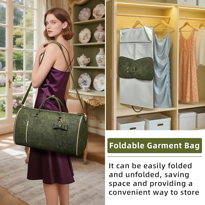 Garment Duffle Bag for Travel, 2-in-1 Foldable Carry On Garment Bag with Shoe Compartment & Toiletry Pocket, Convertible Weekender Bags for Women Business Travel, Vacation, Party, Deep Green - Image 7