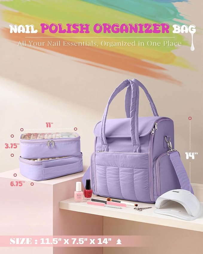 Marscamd Nail Polish Organizer Bag Holds 70 Bottles and Nail Lamp, Nail Polish Storage Case with 2 Removable Bags and Multiple Pockets, Purple - Image 5