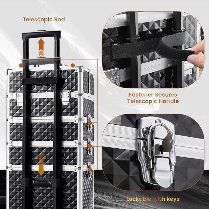 Stagiant Rolling Makeup Case Cosmetology Case on Wheels 4 in 1 Large Cosmetic Organizer Train Case Makeup Travel Case with Key Swivel Wheels Nail Artist Salon Storage Traveling Cart Trunk Black - Image 8