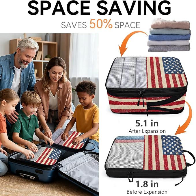 American USA Flag Vintage Compressible Packing Cubes for Suitcase 6 Set Lightweight Expandable Compression Packing Travel Luggage Organizer - Image 6