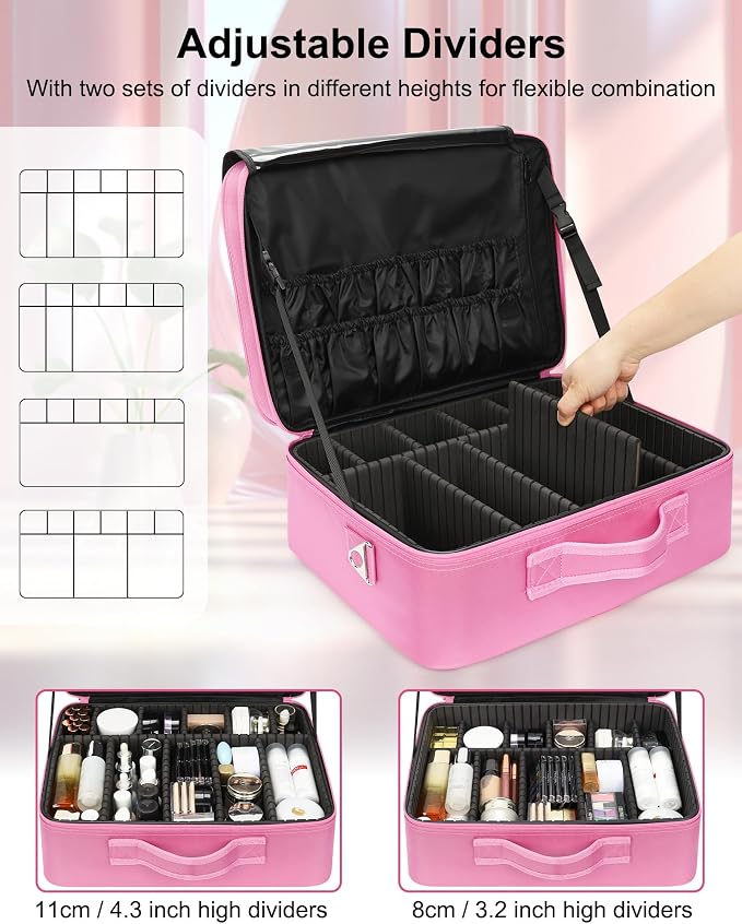 Relavel Extra Large Makeup Case Travel Train Case Professional Makeup Artist Bag Portable Nail Organizer Box Art Supply Case with Adjustable Dividers/Attach to Trolley/Shoulder Strap (Rose Pink) - Image 2