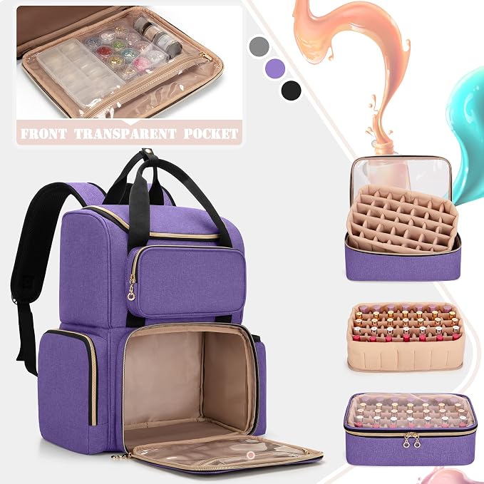 LUXJA Nail Polish Organizer Backpack Holds 70 Bottles and a UV Lamp | Travel Nail Bag with 2 Removable Cases, Ample Tools Storage Pockets, Adjustable Shoulder Straps, Trolley Sleeve, Purple - Image 3