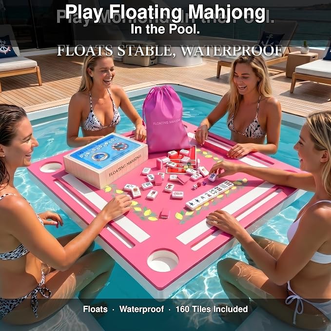 Floating Mahjong Tile Set for Pool,160 American Mahjong Tiles Waterproof EVA Foam with Dice Storage Bag for Pool Party Beach Vacation Summer Outdoor Game Set (Pink) - Image 3