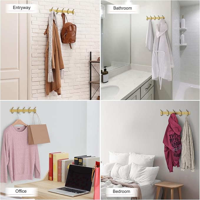 Brushed Gold Wall Mounted Coat Rack – 15 Inch Stainless Steel Rail with 5 Double Coat Hooks for Entryway, Bathroom, Bedroom, Kitchen – Modern Gold Hook Rack for Coats, Hats, Towels - Image 6