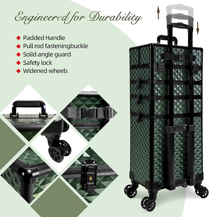 5 in 1 Rolling Makeup Train Case on Wheels Large Cosmetic Organizer Travel Cart for Women Beauty Salon Barber Hairstylist Green - Image 7