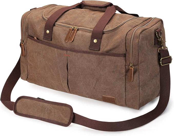 S-ZONE Canvas Travel Duffel Bag Weekend Overnight Bag for Men and Women | Water-resistant, X-Large Size, Multi-Pockets, Removable Shoulder Strap, for Gym or Travel, Coffee by S-ZONE