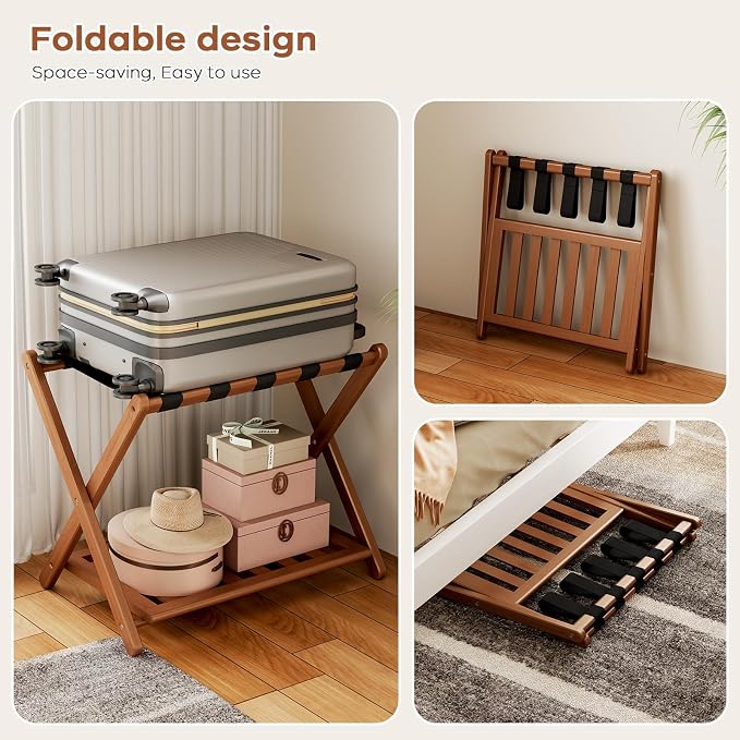 Full Assembled 26.77"L Luggage Rack Set of 1 - Luggage Stand for Guest Room, Foldable Suitcase Stand with Shoe Shelf, Luggage Holder for Suitcases, Bedroom, Hotel (Walnut Bamboo Suitcase Holders) - Image 5