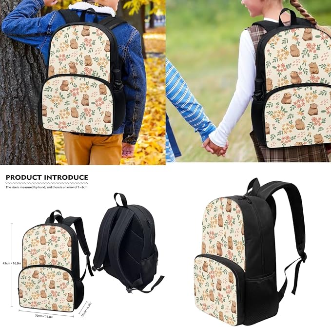 4 Pack Cute Capybara Flower Schoolbag Set with Insulated Lunch Box Pencil Case Water Bottle Holder Bag for Preschool,Elementary,Middle School Girls Schoolbag Capybara Lover Daypack - Image 4