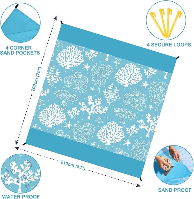 WIWIGO Beach Blanket Sandproof Extra Large Beach Mat Adults Waterproof Quick Drying Sand Free Mat Made by Premium Polyester with 4 Stakes & 4 Corner Pockets for Outdoor Travel Camping Hiking - Image 2
