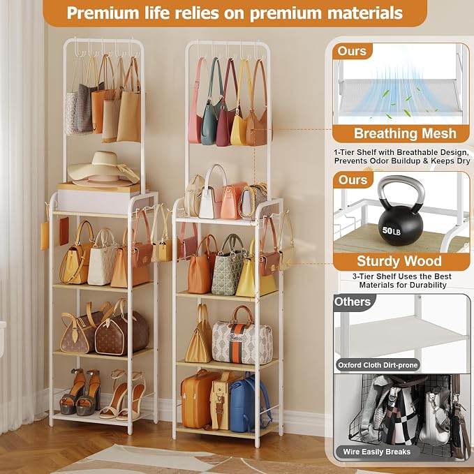 Tall Purse Organizer Stand with 3-Tier Thick Wood + 1-Tier High-Density Mesh, Adjustable Interchangeable, Slim Narrow Freestanding Handbag Rack with 5 Large & 6 Side Hooks, Closet Bag Storage White - Image 2
