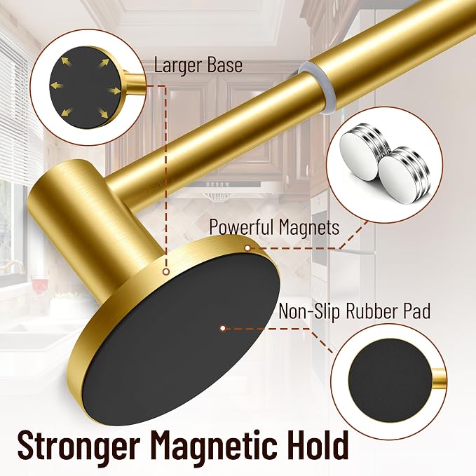 Magnetic Towel Bar, Adjustable Towel Rod with Larger Magnetic Base & Hidden Magnet Design, Non-Slip Magnetic Towel Holder for Refrigerator, Dishwasher, Oven, Washer (Brushed Gold, 1Pack) - Image 4