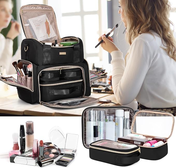 Large Cosmetic Bag, Double Layer Travel Makeup Organizer, Black | Makeup Bag with 3 Removable Cases, Inner Dividers & Brushes Storage Pockets, Cosmetic Storage Case Fits Beauty Essentials - Image 7