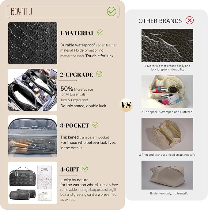BOYATU Travel Makeup Bag for Women: Four Leaf Clover Large Capacity 3 Pcs Set Cosmetic Bags - Waterproof 50% Extra Space for Toiletry Organizer - Travel Essentials for Fortunate (06 Black) - Image 2