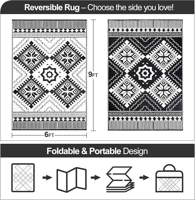 Waterproof Outdoor Rug 6x9ft, Boho Reversible Plastic Straw Mat for Patio RV Deck Porch Backyard Balcony Camping Picnic Beach Indoor Outdoor Carpet, Black&White - Image 2