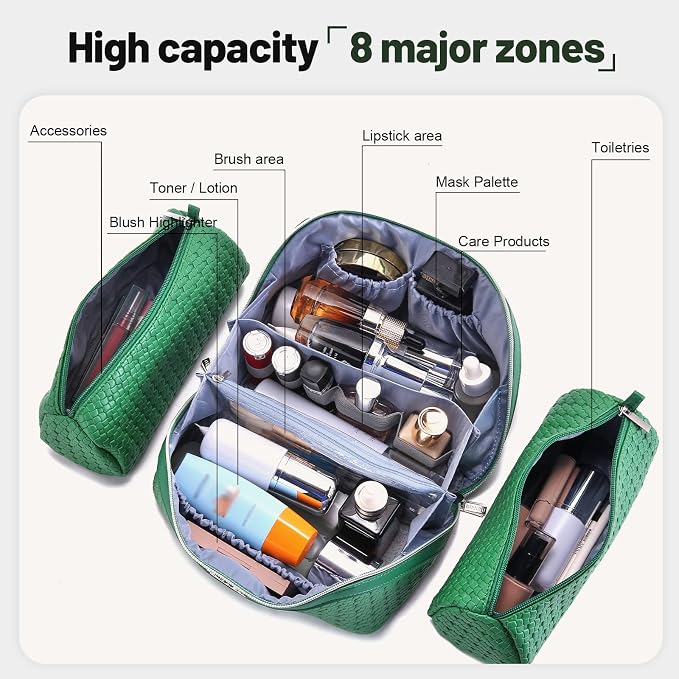 BOYATU Travel Makeup Bag Cosmetic Bags for Women: Large Capacity 3 Pcs Set Make up Bag with Compartments - Waterproof Vegan Leather Toiletry Organizer Bags with Handle (L38 Green) - Image 4