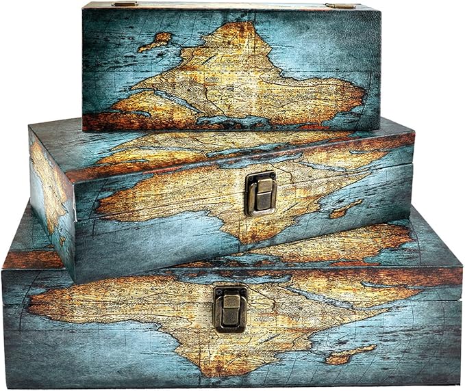 Jolitac Wood Storage Box Set of 3, Vintage Decorative Nesting Boxes Wooden Treasure Storage Crates With Latch, Home Decor Rustic Antique Boxes With Lid for Photos, Jewelry, Cash (Rectangle- Map) - Image 2