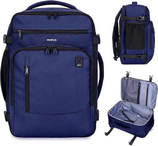 ECOHUB 17" Small Travel Backpack, United Airlines Personal Item Bag 17x10x9 with 16 Pockets, Water Resistant Rucksacks Fit 15.6" Laptop, AirTag Pocket, Lightweight Casual Daypack, 25L, Blue by ECOHUB