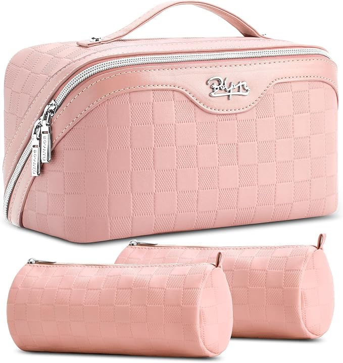 BOYATU Travel Makeup Bags for Women: Sweet Pink Checkered Large Capacity Cosmetic Bag - You Deserve a Little Sweetness Every Day - 3 Pcs Toiletry Organizer Holds 10-20 Full-Size 50-100ML Bottles by BOYATU