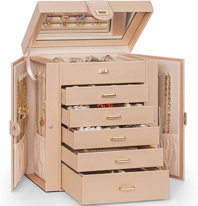 AKOZLIN 6-Tier Jewelry Box Organizer Functional 5 Drawers Leather Jewelry Storage Case for Women Girls Ring Necklace Earring Bracelet Holder Organizer with Mirror Medium Champagne by AKOZLIN